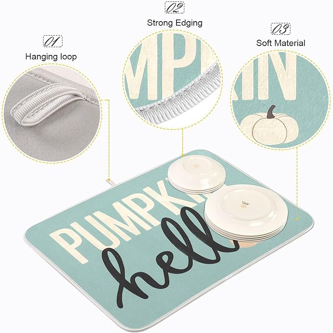 Hello Pumpkin Turquoise Fall Dish Drying Mat for Kitchen Countertop 18x24 Aqua Teal Autumn Large Drying Mat Reusable Quick Dry Dish Sink Mats Easy Clean Decorative Essentials