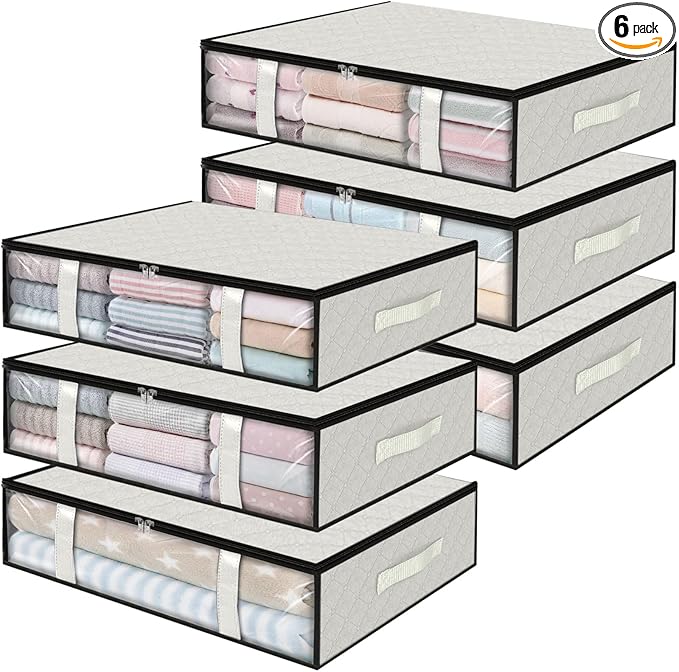 StorageRight Under Bed Storage Bins, 6-Pack 40L Foldable Fabric Storage Bags with Transparent Window, Breathable Organizer for Clothes/Blanket/Comforter/Quilt, White