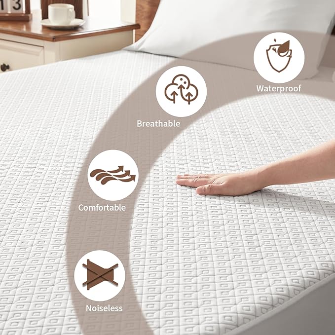 BEDLORE Twin Mattress Protector, Waterproof Noiseless Mattress Cover with Stretchable Pockets for 6-15 inches Mattress, Soft Breathable Mattress Pad Machine Washable (White)