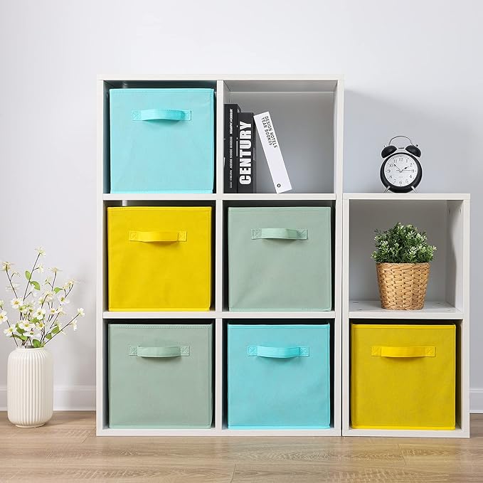 Stero Fabric Storage Bins 6 Pack Fun Colored Durable Storage Cubes with Handles Foldable Cube Baskets for Home, Kids Room, Closet and Toys Organization Cyan, Green, Yellow