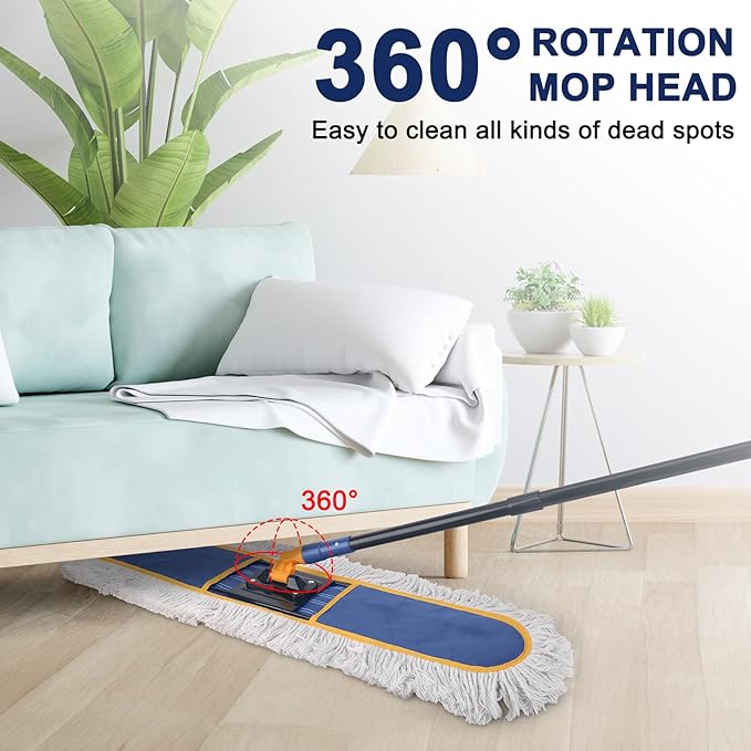 24" Commercial Dust Mop for Floor Cleaning,Heavy Duty Floor Duster with 2 Cotton Reusable Mop Pads,59” Long Handle Wet Dry Flat Mops for Hardwood Floors,Marble, Laminate,Tile,Concrete,Garage (Blue)