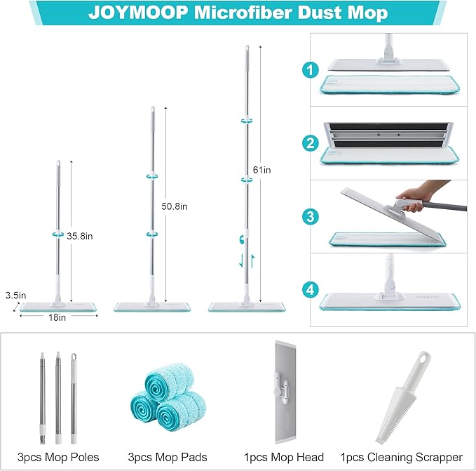 JOYMOOP 18 Inch Dust Mop for Hardwood Floors, Heavy Duty Industrial Wet Dry Mops with Telescopic Handle, Includes 3 Microfiber Mop Pads