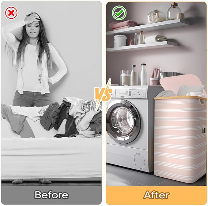 BALEINE Laundry Hamper with Lid, Tall Laundry Baskets with Bamboo Pull Handles, Large Laundry Bin with Internal Support (26 Gal/100L, Pink Pinstripe)