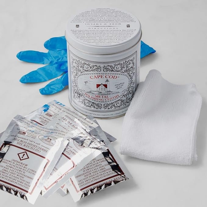 Cape Cod Polishing Metal Tin Bundle for Fine Metals | (12) 4X6 Polishing Cloths | (1) 12x12 Buffing Cloth | (1) Pair of Nitrile Gloves