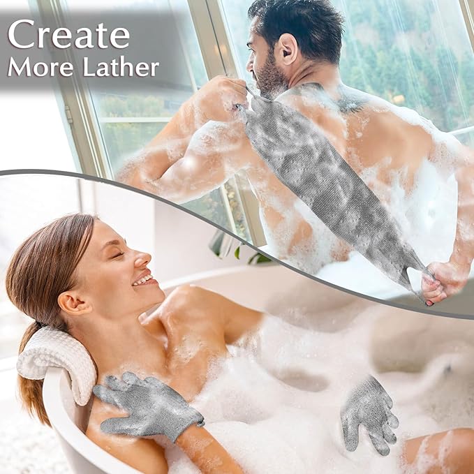 Anezus Exfoliating Back Scrubber Bath Gloves Set, Exfoliating Shower Towel with Shower Gloves for Body Scrub, Back Cleaner Wash Gloves to Remove Dead Skin (Grey)
