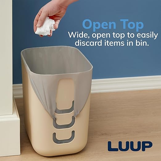 STORi Luup Bathroom Wastebasket, Secure Grocery Bags, Plastic Garbage Container for Vanity, Laundry Room, Kitchen, Office, 2.5 Gallon, Beige, Made in USA