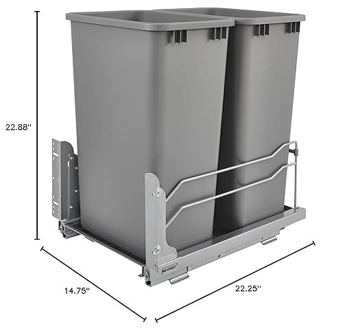 Rev-A-Shelf Double Pullout Trash for Full Height Kitchen Cabinets 50 Quart 12.5 Gallon with Soft-Close Slides, Metallic Silver, 53WC-2150SCDM-217