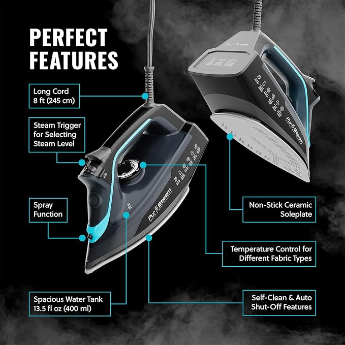 Pursteam SteamBurst+ 1750W Steam Iron, Ceramic Soleplate, Adjustable Steam, Burst of Steam, Self-Clean, Anti-Calc, Anti-Drip, Powerful & Long-Lasting Steam for All Fabrics