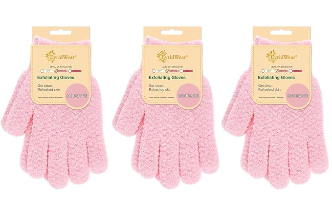 Evridwear Exfoliating Gloves for Shower, 100% Nylon Thick Soft Medium Heavy Bathing Gloves Dead Skin Remover Body Scrubber Smooth Skin with Hang Loop, 3 Pairs Moderate Pink