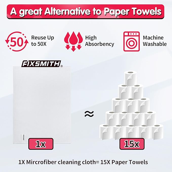 FIXSMITH White Microfiber Cleaning Cloth, Pack of 50, 16"X12" Cleaning Rags for Housekeeping and Kitchen, Reusable Shop Towels, Microfiber Towels for Cars, Lint Free, Scratch-Free, Highly Absorbent