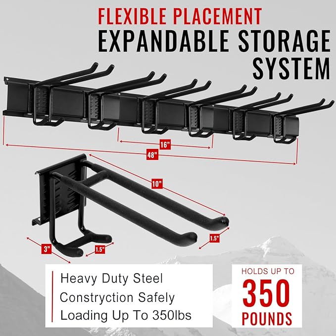 Wall Mount Tool Storage Rack, Garage Organization, Heavy Duty Garage Storage Tool Organizer, Garden Tool Wall Hooks and Hangers, Hold Up to 350lbs Black 2Pack