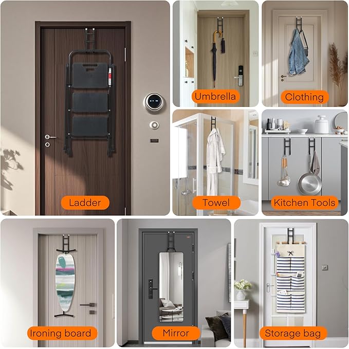FYY Over The Door Hooks - 2 Pack Heavy Duty Dual-Hook Organizer Hanger with Non-Slip Rubber for Towels, Clothes, Hats & Bags Use in Bathroom, Bedroom, Kitchen - Fits Interior Doors Up to 1.6" Black