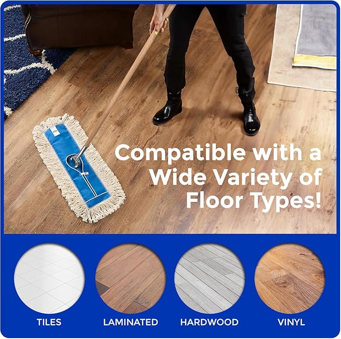 Nine Forty 24" Premium Cotton Dust Mop Kit - Heavy Duty Mop Head with Wood Handle for Industrial, Commercial, and Residential Cleaning - Dry Floor Duster for Hardwood Surfaces - White