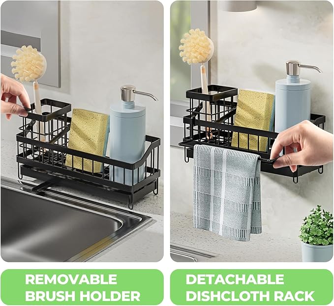 Sink Caddy kitchen Organzier with High Brush Holder, Wall-Mounted Sponge Holder for Sink, Countertop Organizer Soap Dispenser Storage, Rustproof 304 Stainless Steel Kitchen Essentials