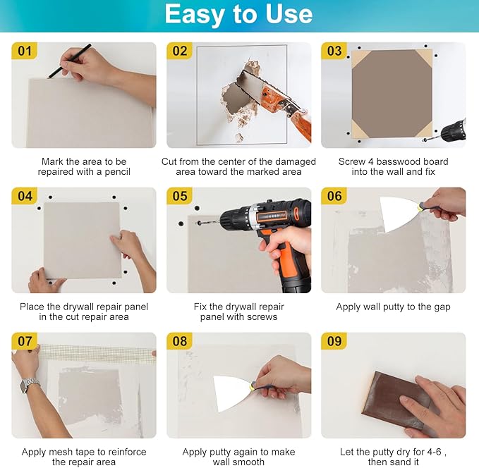 Drywall Repair Kit with 12"x12" Dry Wall Repair Panel, 33-in-One Drywall Patch Kit Wall Patch Repair Kit with Spackle, Mesh Tape, Putty Knives & Sanding Block for Wall Surface Ceiling Large Hole Fill