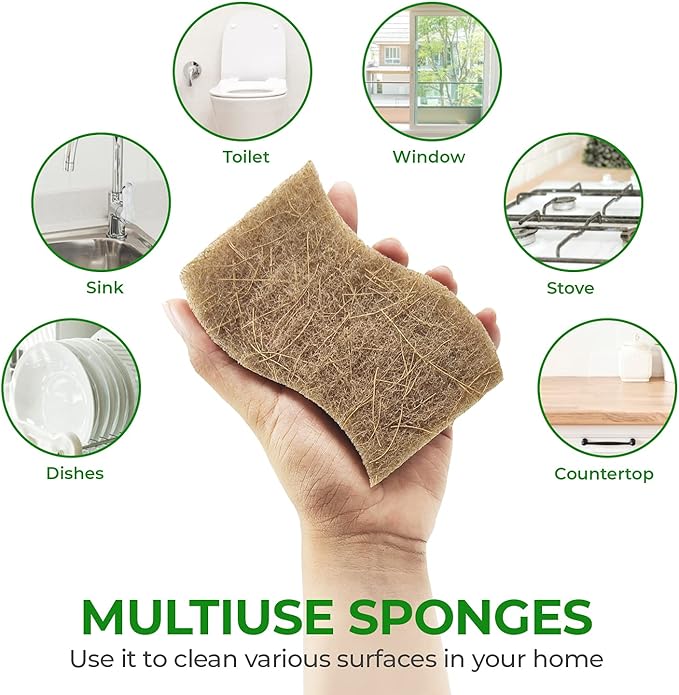 Biodegradable Natural Kitchen Sponge - Compostable Cellulose and Coconut Walnut Scrubber Sponge (6 Pack)
