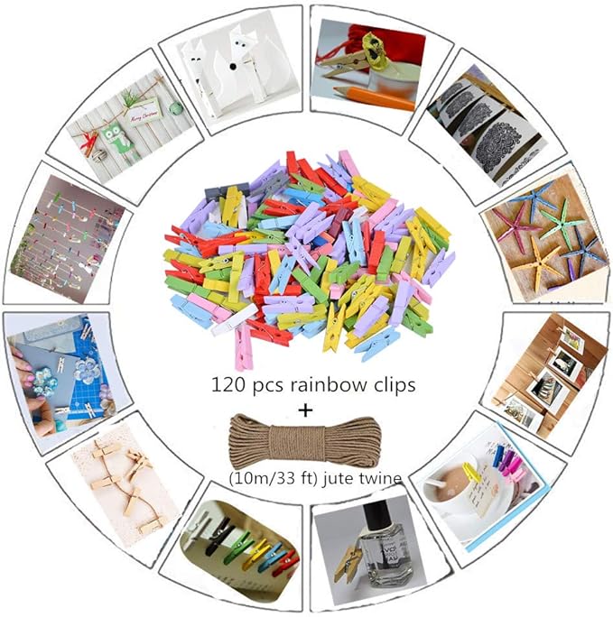 DurReus Tiny Clothes Pins Colorful Hang Up Photographs Drawings Party Clips Decor Baby Shower Game with Twine Pack 50 Pink