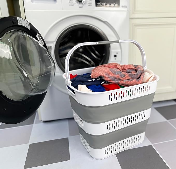 SAMMART 40L (10.5 Gallon) Collapsible Plastic Laundry Basket with Handles - Foldable Pop Up Storage Container/Organizer - Portable Laundry Hamper - Space Saving (1, White/Grey)