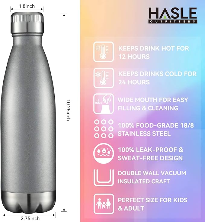 HASLE OUTFITTERS 17oz Stainless Steel Water Bottles, Vacuum Insulated Water Bottles Double Walled Reusable Metal Sports Water Bottles Keep Drinks Hot and Cold, Gray, 1Pack