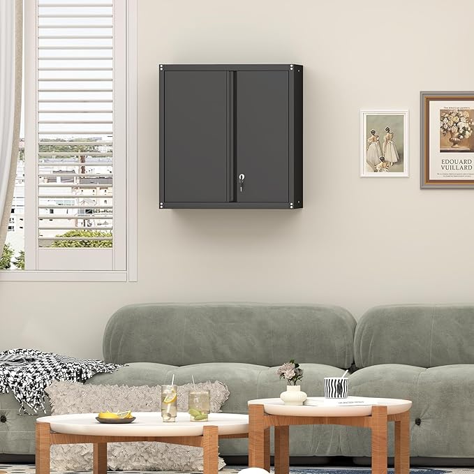 Steel Wall Cabinet, Metal Locking Wall Cabinet, Wall Hanging Metal Cabinet for Garage Tool Storage, Wall Mount Tool Cabinet for Garage, Laundry Room, Pantry, Black