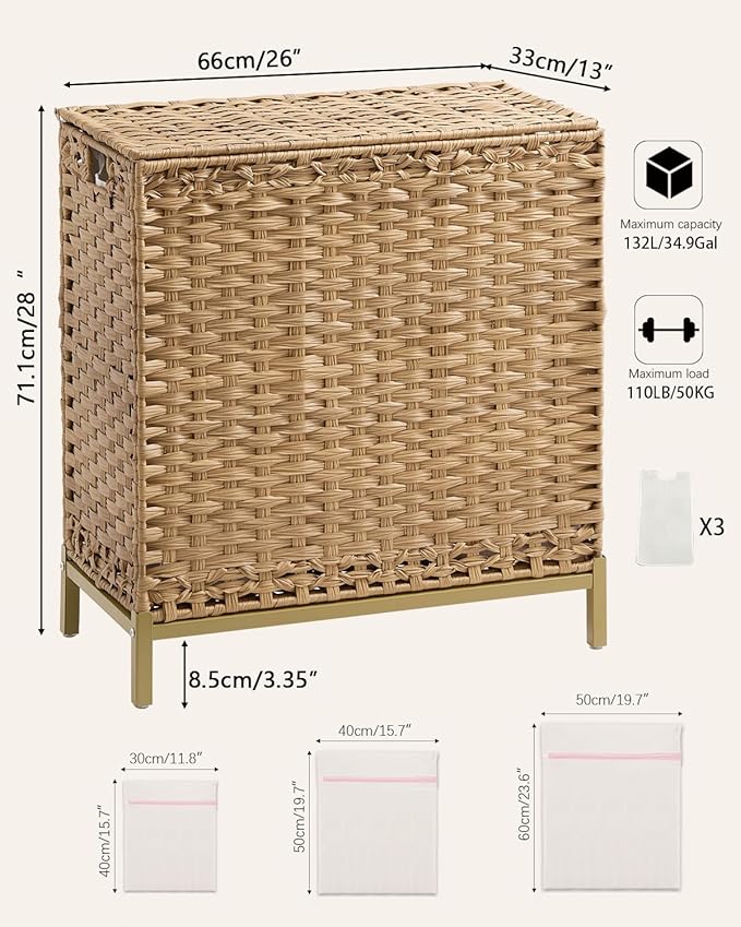 Laundry Hamper with Lid 132 L, (35 Gallons) Clothes Hamper with Lid, Handwoven Rattan Laundry Hamper with Metal Heightened Feet, Laundry Hampers with 3 Removable Liner Bags for Laundry-Natural