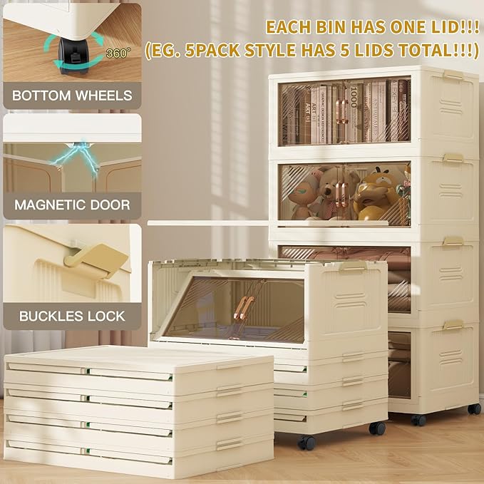 Storage Bins with 5 Lids, 92Qt Extra Large Collapsible Storage Bin with Golden Handles, 5 Packs Stackable Storage Bins with Wheels,Closet Organizers and Storage for Home, Office, Dorms