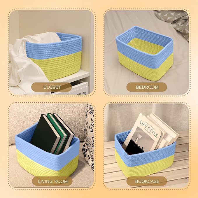 Hopegiver Woven Storage Baskets 11x8x7 Inch, 3 Pack Collapsible Cube Storage Bin for Shelves - Foldable Cotton Rope Organizer Bins for Towels, Toys, Books, Closet, Nursery (Blue Yellow)