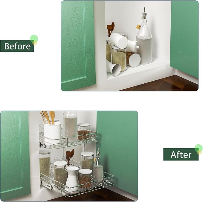 LOVMOR 2 Tier Individual Pull Out Cabinet Organizer 17" W x 21" D, Slide Out Kitchen Cabinet Storage Sliding Shelves