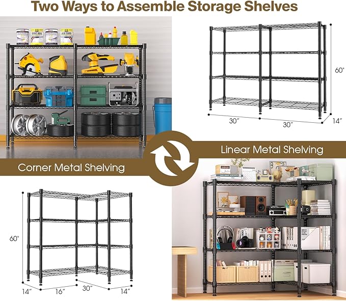 Himimi 4-Tier Heavy Duty Metal Storage Rack, 1200LBS Adjustable Wire Shelving for Storage, Standing Storage Shelf Units for Kitchen Garage Pantry Laundry, 60" W x 14" D x 60" H, Black