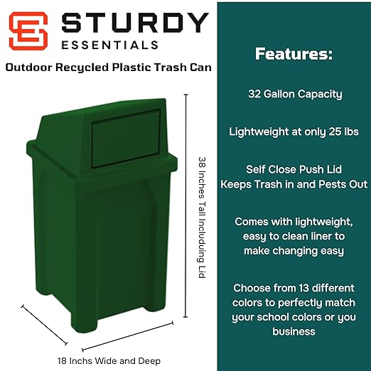 32 Gallon Square 100% Recycled Plastic Heavy Duty Outdoor Trash Can with Push Lid - Great for Schools and Businesses - Green