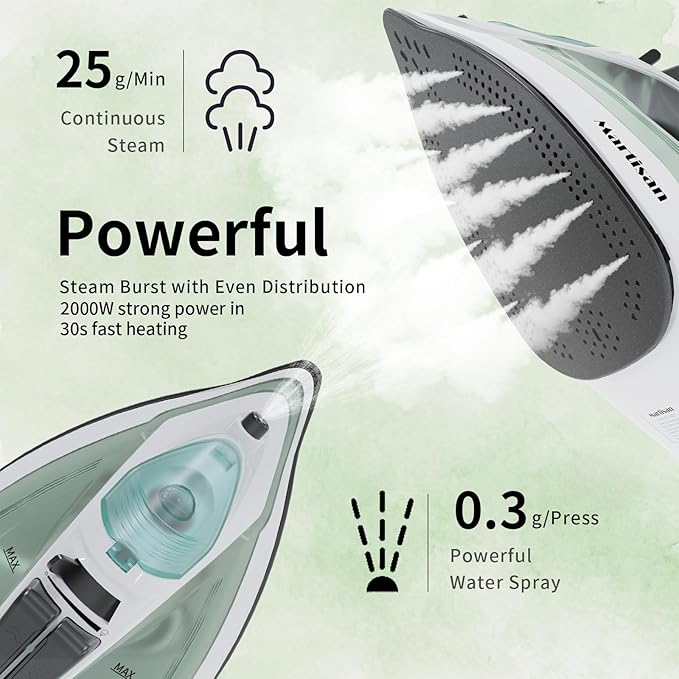 Martisan 2000W Powerful Steamer, Steam Iron for Clothes, Non-stick Soleplate, 4-in-1 Iron, Anti Drip, Fast Heating, Adjustable Temperature, Spray & Burst Steam, Green