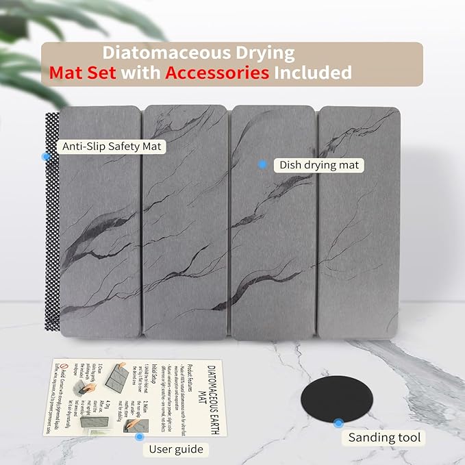 Large Stone Drying Mat for Kitchen Counter24"x16" , Misty Gray,Diatomaceous Earth Quick Dry Foldable Dish Drying Mat, Eco-Friendly Minimalist Design for Modern Homes (Gray, Large)