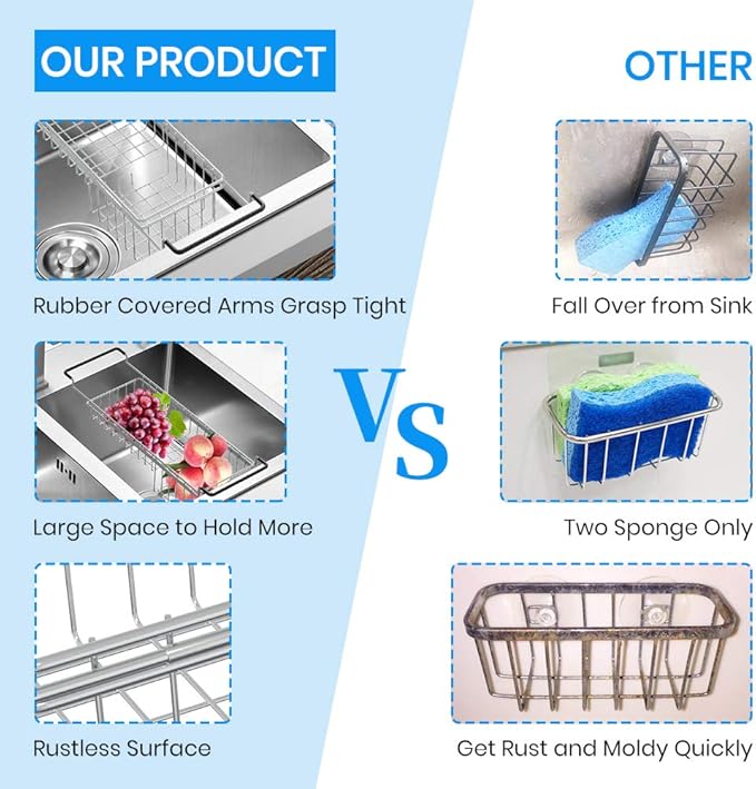 Sink Caddy Sponge Holder Kitchen Sink Organizer Sponge Caddy Expandable 16.06" to 21.02" Farmhouse In-sink Accessories for Rag Detergent Brush Dish Washing Liquid Rack, Stainless Steel