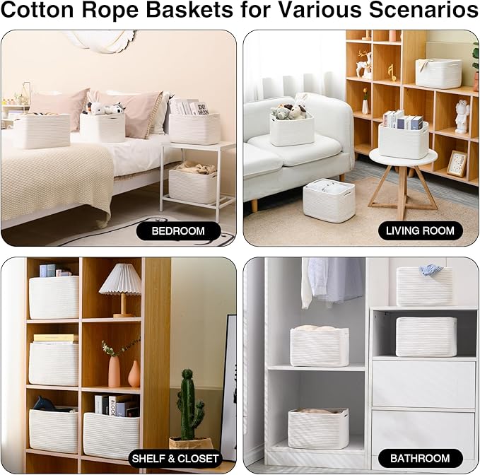 White Storage Baskets for Organizing, Woven Storage Baskets for Shelves, Cotton Rope Basket for Storage, Cute Rectangular Book Toy Basket, 12.7"×9.1"×7.9", 4 Packs, Off White