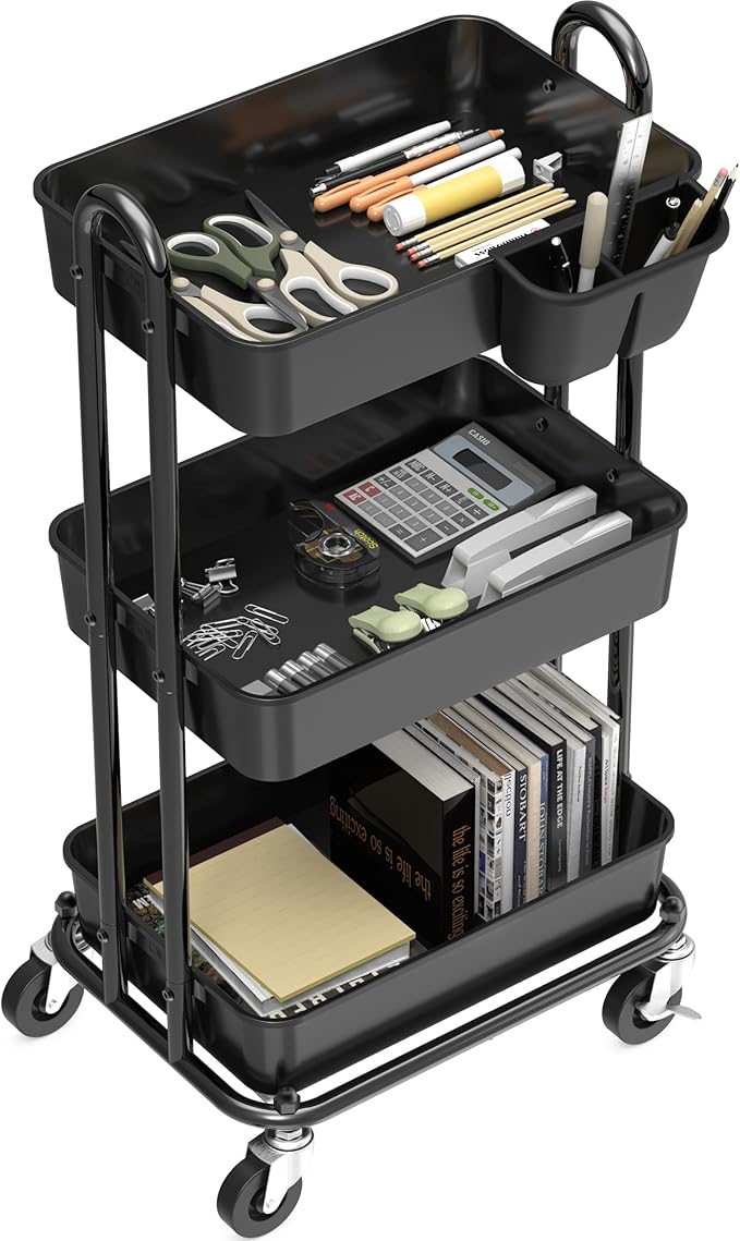 Simple Houseware 3-Tier Multifunctional Rolling Utility Cart with Hanging Bucket, Black