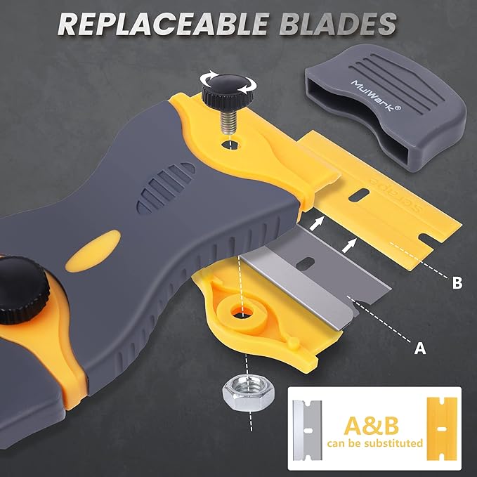 MulWark Razor Blade Scraper Tool Set, 3-Piece with 30 Replacement Blades - Heavy-Duty Cleaning Tool, Standard & Mini Scrapers for Decals, Stickers, Paint, Caulk, and Adhesive Removal