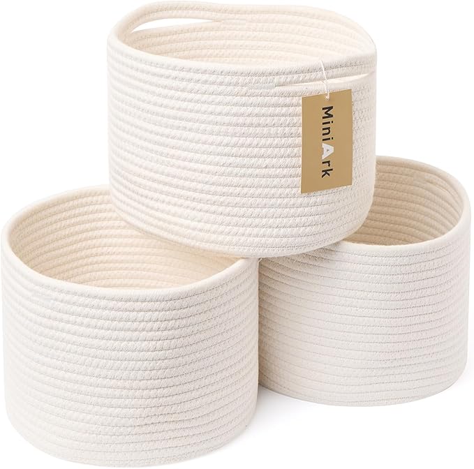 Small Basket for Organizing | Cube Shelf Closet Storage Baskets | 9.7×9.7×7.1” | Woven Rope Gift Basket | Nursery | Round 3 Packs Off White