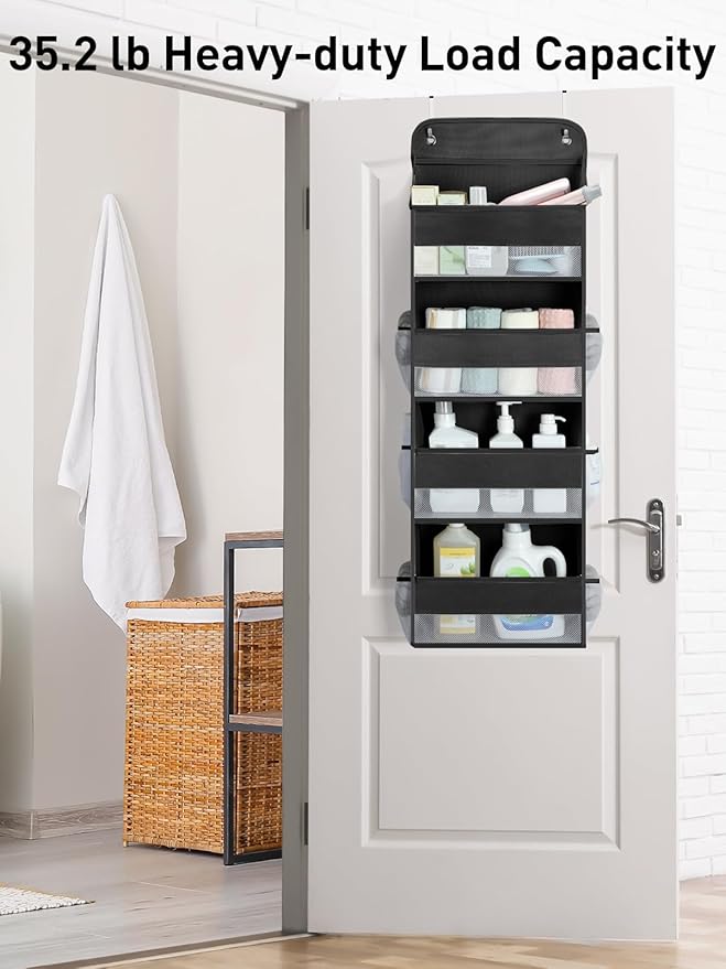 Yecaye 1 Pack Over the Door Organizer, 35.2lbs Load Toy Stuffed Animal Storage, Swing-proof Hanging Bathroom Organizers and Storage for Nursery Newborn Baby Essential Stuff Black