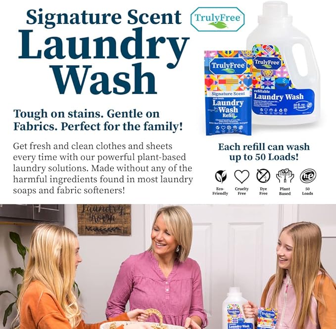 Truly Free Natural Laundry Detergent for Sensitive Skin | Eco Friendly, Plant Based, Baby Clothes Safe | Clean & Easy Powder to Liquid, 3 Pack Detergent + 1 Refillable Jug | Signature Scent 150 Loads