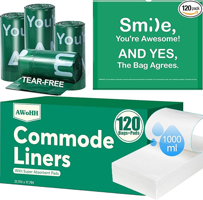 Commode Liners with Absorbent Pads, 120Pack Tear-free Leak-proof Bedside Commode Liners, Universal Disposable Commode/Bed Pan Liners for Bedside Commode, Standard Toilet, Chair Bucket(120Bags+120Pads)