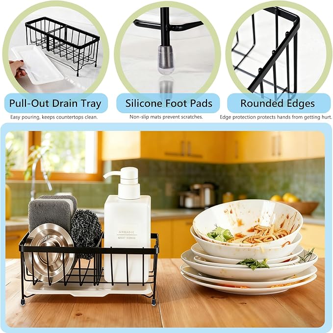 Kavciva Sink Caddy Sponge Holder,304 Stainless Steel Dish Brush Holder,Kitchen Countertop Sink Rack,Dish Soap Holder,Dishwashing Tool Drying Tray with Adjustable Partitions,Essential Kitchen Shelves