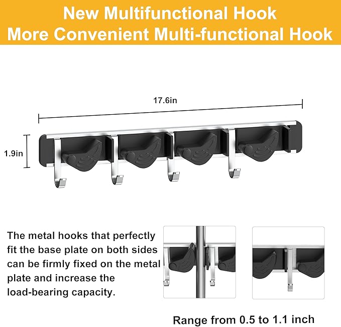 2-Pack Metal Mop Broom Holder Wall Mount - 4 Slot Tool Organizer with Rubber Grips for Kitchen, Garden, and Home Storage