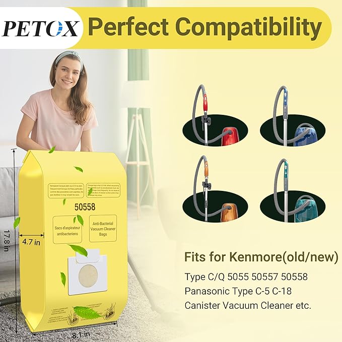 50558 Vacuum Cleaner Bags Replacement for Kenmore Canister Type C/Q 5055, 50555, 50557, 50558 and Pana·sonic Type C-5, C-18, 200 Series, 400 Series, 600 Series, 800 Seires Vacuum - 20 Pack