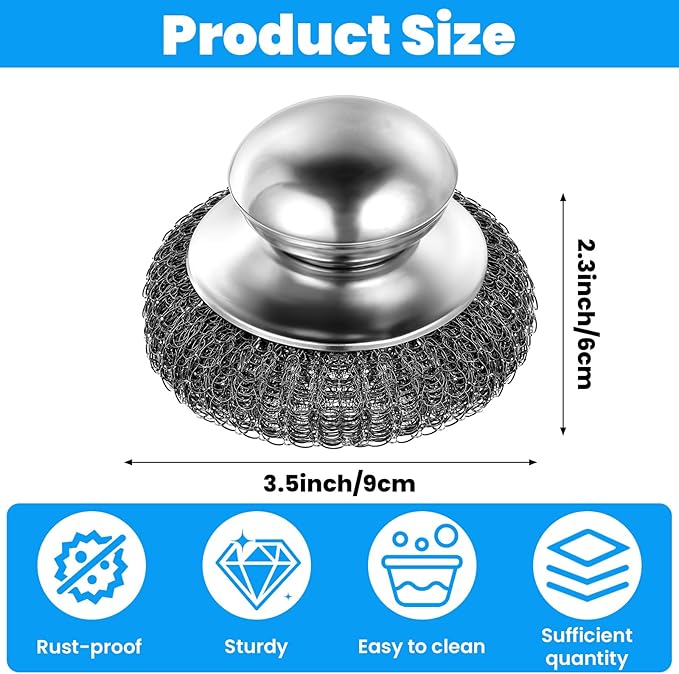 4 Pcs Steel Wool Scrubber with Handle Heavy Duty Metal Pot Scrubber Brush 16 Pcs Stainless Wool for Cleaning Dishes Pans Steel Scouring Pad for Kitchen Cast Iron Sink Griddles Grills