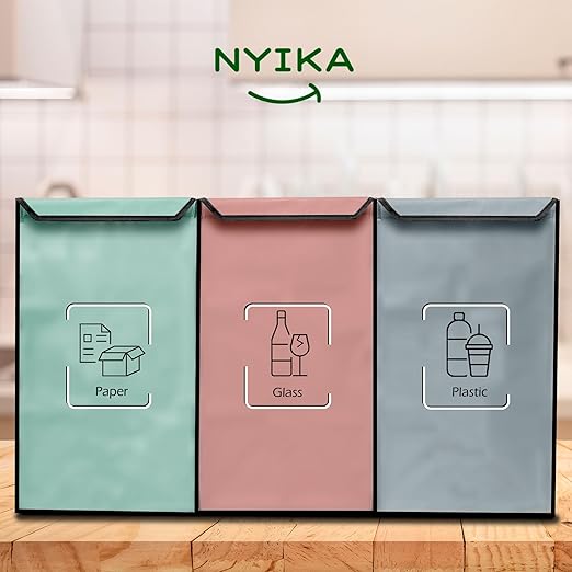 NYIKA - Recycling Organizer - Reusable Recycling Bags - Recycling Sorter - Trash Sorting Bins - 3 Compartment Recycle - Pack of 3 Bags with Lid (Mediterranean)
