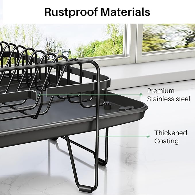 Dish Drying Rack - Large Dish Racks for Kitchen Counter, Expandable Dish Drainers with Cutlery Holder Stainless Steel Rustproof, Black