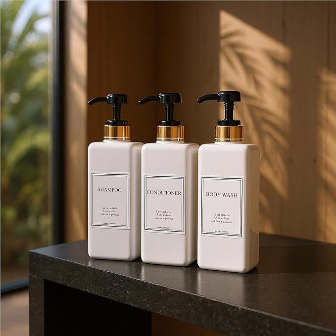 Modern Gold Design Large 27 oz Shampoo and Conditioner Dispensers - Empty Plastic Refillable Pump Bottle Set for Bathroom Shower Soap Dispenser, Set of 3 (Black)