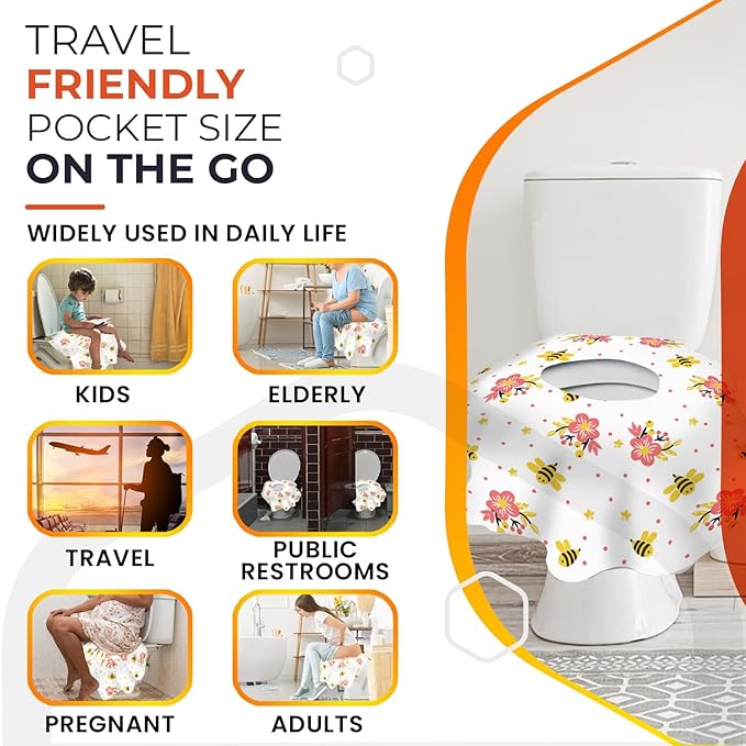 20 Extra Large Toilet Seat Covers Disposable for Kids & Adults-Toilet Covers Disposable for travel-Toddler Toilet Seat Cover Liners for Potty Training-Individually Wrapped-Waterproof (Bees)