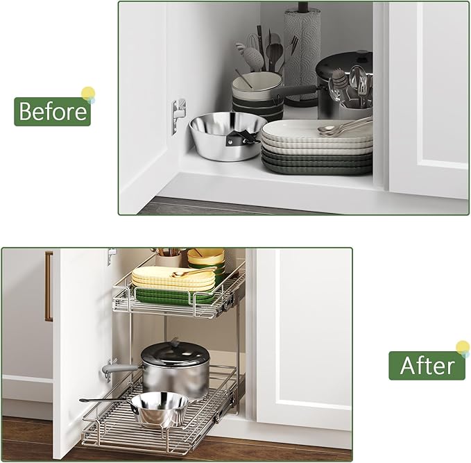 2 Tier Individual Pull Out Cabinet Organizer 15½" W x 21½" D, Heavy Duty Cabinet Pull Out Shelves, Slide Out Drawers Organization for Kitchen Cabinets Bathroom
