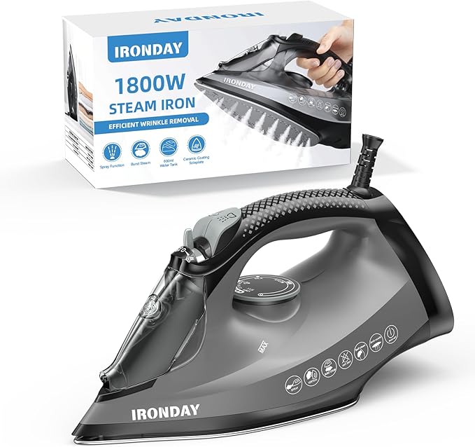 Steam Iron for Clothes, 1800W with 20.28oz Water Tank,Ceramic Soleplate,3-Way Auto-Off, 20s Fast Heat-up,Burst of Steam, Precision Tip,Self-Clean, Anti-Calc, Vertical Steamer for All Fabrics